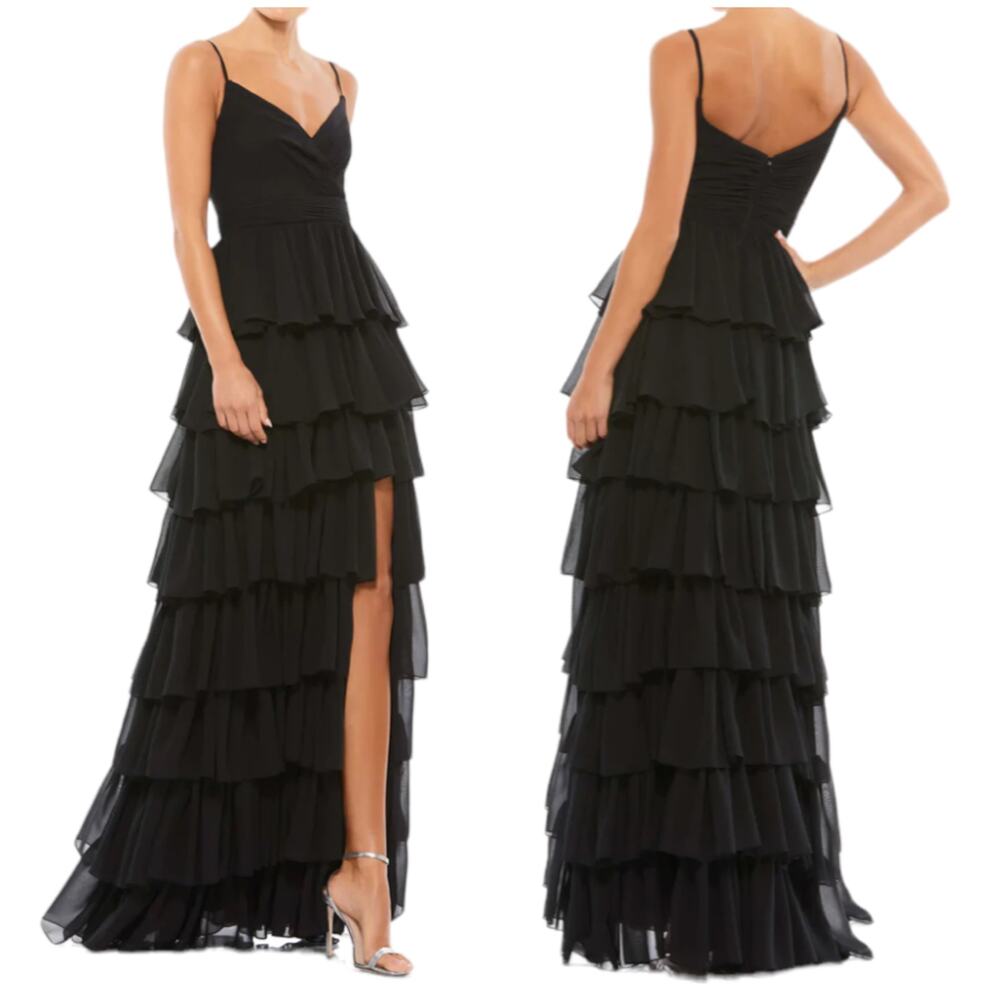 Mac Duggal NWT Tiered Chiffon Ruffle A-line Maxi Dress Size 14 Black Sleeveless